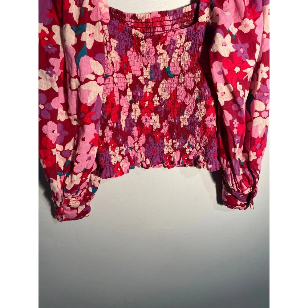 Free People Ariana‎ Printed Top Pink Size XS Feminine Floral Puff Sleeve Smocked
